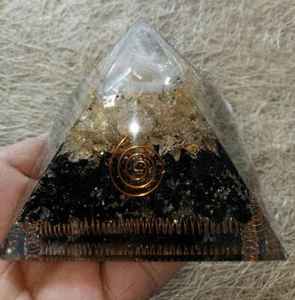 Black Tourmaline Selenite & Citrine Chakra Big Pyramid 50mm Organite Energy - Picture 1 of 3
