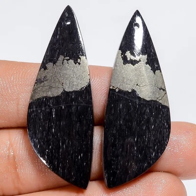 49 Ct. Apache Gold Pyrite Cabochon Gemstone Drilled Pair For Earrings 43X15X4 mm - Image 1 of 2