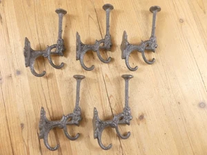 5 Rustic Cast Iron Coat Bath Hooks Ornate Victorian Large Hall Tree Wall Towel  - Picture 1 of 11