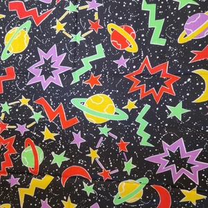 Cotton Fabric Retro Planets Stars Black 17"x44" Princess Fabrics 1980s Style - Picture 1 of 9
