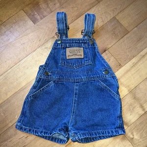 Guess Baby Vintage 90s Leather Patch Denim Overalls Blue 24 Months y2k Shorts - Picture 1 of 6