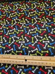 2 Yards Black With Multicolored Bones Dog Flannel Fabric - Picture 1 of 1