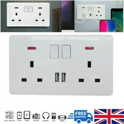 White Twin / Double Plug Electric Wall Socket Switched Square Edge 2 USB Charger - Image 1 of 4