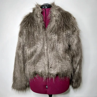 Винтажный 1990-х искусственного меха женщин короткий вырез длинным рукавом пальто - размер большой (см. Рисунок 10) - Изображение 1 из 4