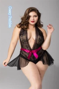 W-N1-1 See-Through Ruffled Black Lace Teddy Women Sexy Valentine Plus Size - Picture 1 of 4