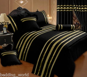 BLACK / GOLD RIBBON 200 THREAD COUNT COTTON LUXURIOUS BEDDING OR CURTAINS - Picture 1 of 7