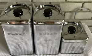 3 barattoli vintage Beautyware cromati farina zucchero (graffi) e tè anni 50-60 MCM - Foto 1 di 12