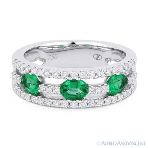 1.10 ct Oval Cut Emerald & Diamond 18k White Gold Anniversary Ring Wedding Band - Picture 1 of 1