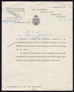 1923 War Office Letter - Issue of World War I War Medals - Picture 1 of 1