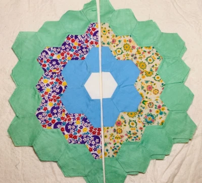 Antique Cotton Fabric 1930s Grandma's Garden 2 Quilt Blocks Hand Pc'd 16.5" - Image 1 of 4