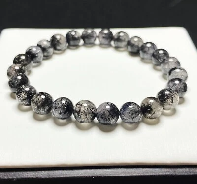 7.5mm Natural Black Rutilated Quartz Crystal Beads Bracelet AAAA - Image 1 of 4