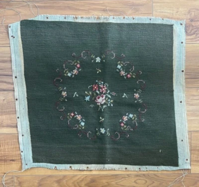 VINTAGE FINISHED NEEDLEPOINT CHAIR SEAT COVER DARK GREEN FLORAL - Image 1 of 3