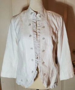 Multiples Women's White 100% Linen 3/4 Sleeve Open Ruffle Front Sz.XS - Picture 1 of 13