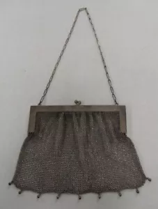 Vintage Antique STERLING SILVER 925 Chain Mail MESH PURSE Chatelaine Beaded 157g - Picture 1 of 10