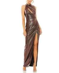 Ieena Mac Duggal Mocha Copper Sleeveless High Neck Cutout Gown Size 6 $398 - Picture 1 of 3