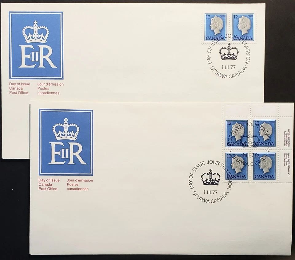 Stamps Canada Mint: #713 12c bright blue & black QEll pair and PL. Blk. FDC's - Image 1 of 1