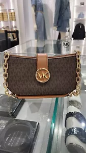 Michael Kors Carmen Small Logo Shoulder Pouchette Bag in Brown - Picture 1 of 24