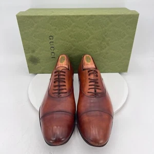 Gucci Men Size UK 9 US 10 Brown Leather Cap Toe Lace Up Oxford Dress Shoes - Picture 1 of 17