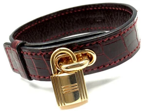 Very Rare! Authentic HERMES 18k Yellow Gold & Crocodile Burgundy Bracelet - Picture 1 of 11