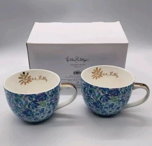Pair Lilly Pulitzer Mugs Blue Floral Gold White Coffee Tea Cups 12 oz Ceramic - Picture 1 of 4