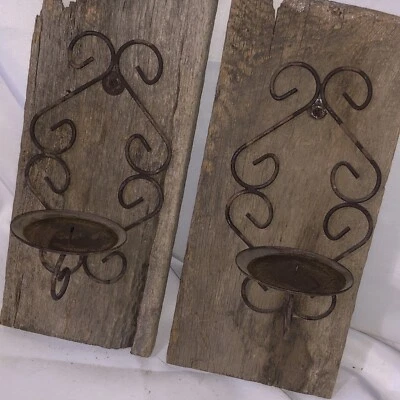 2 Primitive Barn Wood Rusty Black Scrolled Iron Wall Sconce Candle Holder - Image 1 of 4