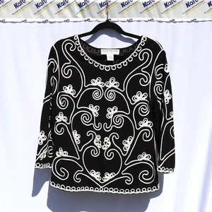 Top Lauren Michelle Negro Blanco Brillante Bordado Talla Mediana M - Imagen 1 de 3