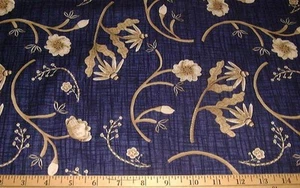 DEBBIE MUMM Fabric - SENTIMENTAL - Tan Floral on Dark Blue - 18" / HALF YARD CUT - Picture 1 of 1