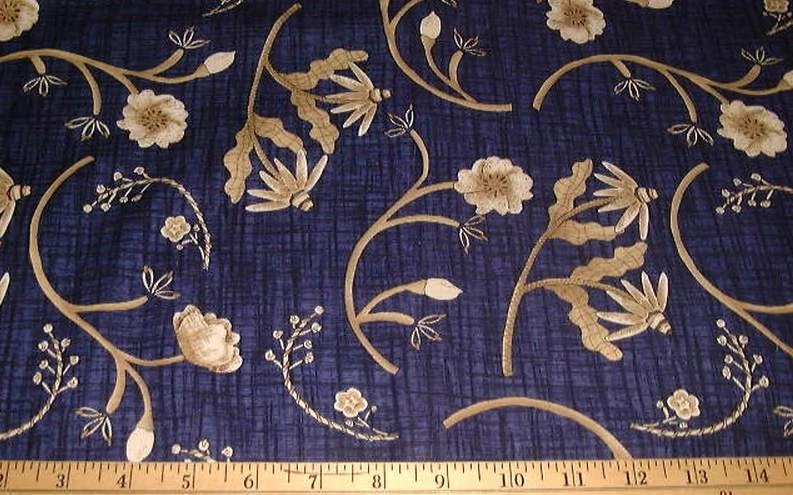 DEBBIE MUMM Fabric - SENTIMENTAL - Tan Floral on Dark Blue - 18" / HALF YARD CUT - Image 1 of 1