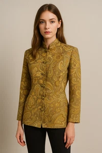 Vintage Spenser Jeremy Silk Brocade Paisley Jacket Sz 8 Gold Mandarin Collar 90s - Picture 1 of 9