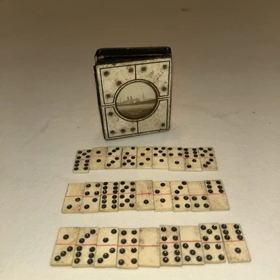 WW II 2 TRENCH ART SET OF 27 HAND MADE DOMINOES IN HAND MADE PAPER BOX  1 of 1 - Image 1 of 4