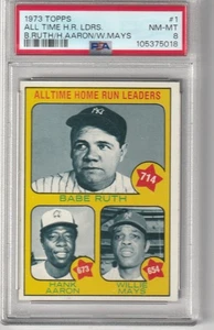 1973 Topps All Time HR Ldrs #1, Ruth/Aaron/Mays, PSA casi nuevo-como nuevo 8 - Imagen 1 de 2