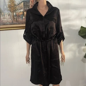 St. John schwarz Satin Knopfleiste 3/4 Ärmel Midi Karriere Kleidung Kleid Gr 10 - Bild 1 von 16