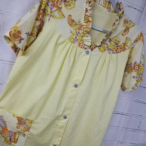 Camicia da notte vintage fatta a mano gialla floreale casa colletto arricciato tasca med - Foto 1 di 11