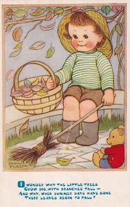 Vintage Salmon Postcard - Phyllis M Purser - Cute Child collecting fallen leaves - Picture 1 of 2