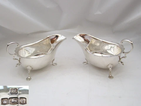 RARE PAIR of GEORGE V HM STERLING SILVER SAUCE BOATS 1925 Cover