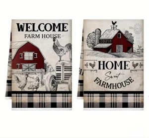2Pc Kitchen Tea Towels Farmhouse Chicken Rooster Red Barn Tractor Dish Hand Bath - Picture 1 of 3