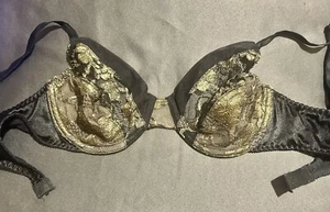 Vintage Victorias Secret 8303 Gold Label Sheer Gold  Black Lace Satin Mesh Bra - Picture 1 of 9