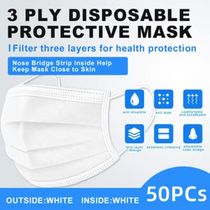 WHITE 50PCS Face Mask Non MEDICAL Surgical Disposable 3-PLY Earloop Mouth Cover - Picture 1 of 5
