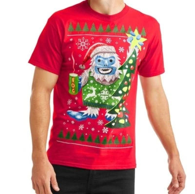 Men's Yeti Wearing Christmas Sweater Drinking Eggnog Ugly T-Shirt Size M-XL - Image 1 of 3