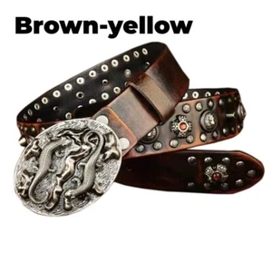 Heavy Metal Rivet Studded Belt Real Leather Unisex Punk Biker Rock Waist Belt - Picture 1 of 26