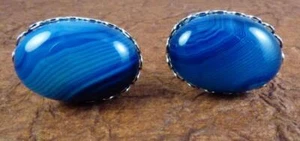 Abstract Black & Blue Agates Cufflinks with Scalloped Rhodium Plated Findings - Picture 1 of 3