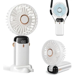 White Foldable Mini Fan w/Digital Display,5 Speeds,USB-C for Makeup Travel - Picture 1 of 12