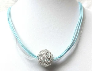 SILBER PERLE HALSKETTE KETTE ORGANZA KUGEL DRAHTKUGEL SCHMUCK HELLBLAU BLAU - Bild 1 von 17