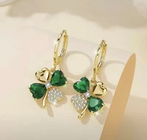 18k Gold Plated Four Leaf Clover Drop Earrings - Picture 1 of 2