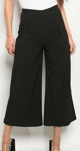 Black Wide Leg Cropped Capri Gaucho Pants Front Pleats Zip Back - Picture 1 of 3