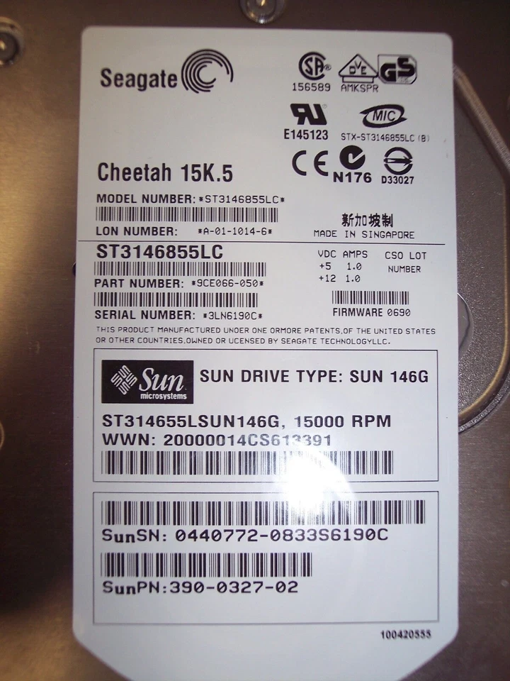 Sun Microsystems 146 GB 15000 RPM,3.5" (540-6607-01) 390-0327 ST3146855LC - Image 1 of 3
