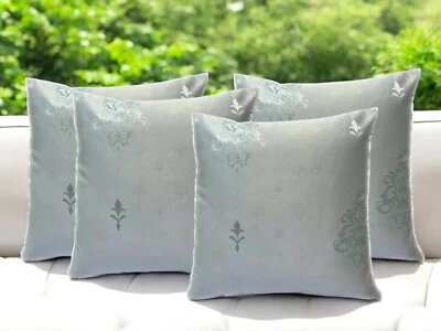 SET OF 4 CUSHION COVERS Pastel Duck Egg Blue Silver Damask Jacquard 18x18" - Image 1 of 4