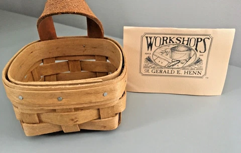 Gerald Henn Workshops Square Hand Woven Trinket Basket Leather Handle FREE SHIP Cover