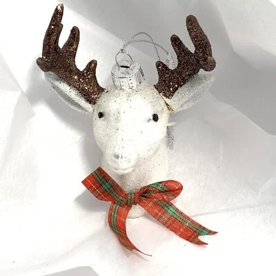 NUEVO Macy's Vidrio Soplado Reno Cabeza de Ciervo Adorno de Navidad Blanco Brillo Foto 1 de 4