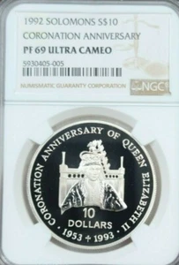 1992 SOLOMON ISLANDS SILVER 10 DOLLARS CORONATION ANNIV NGC PF 69 ULTRA CAMEO - Picture 1 of 3